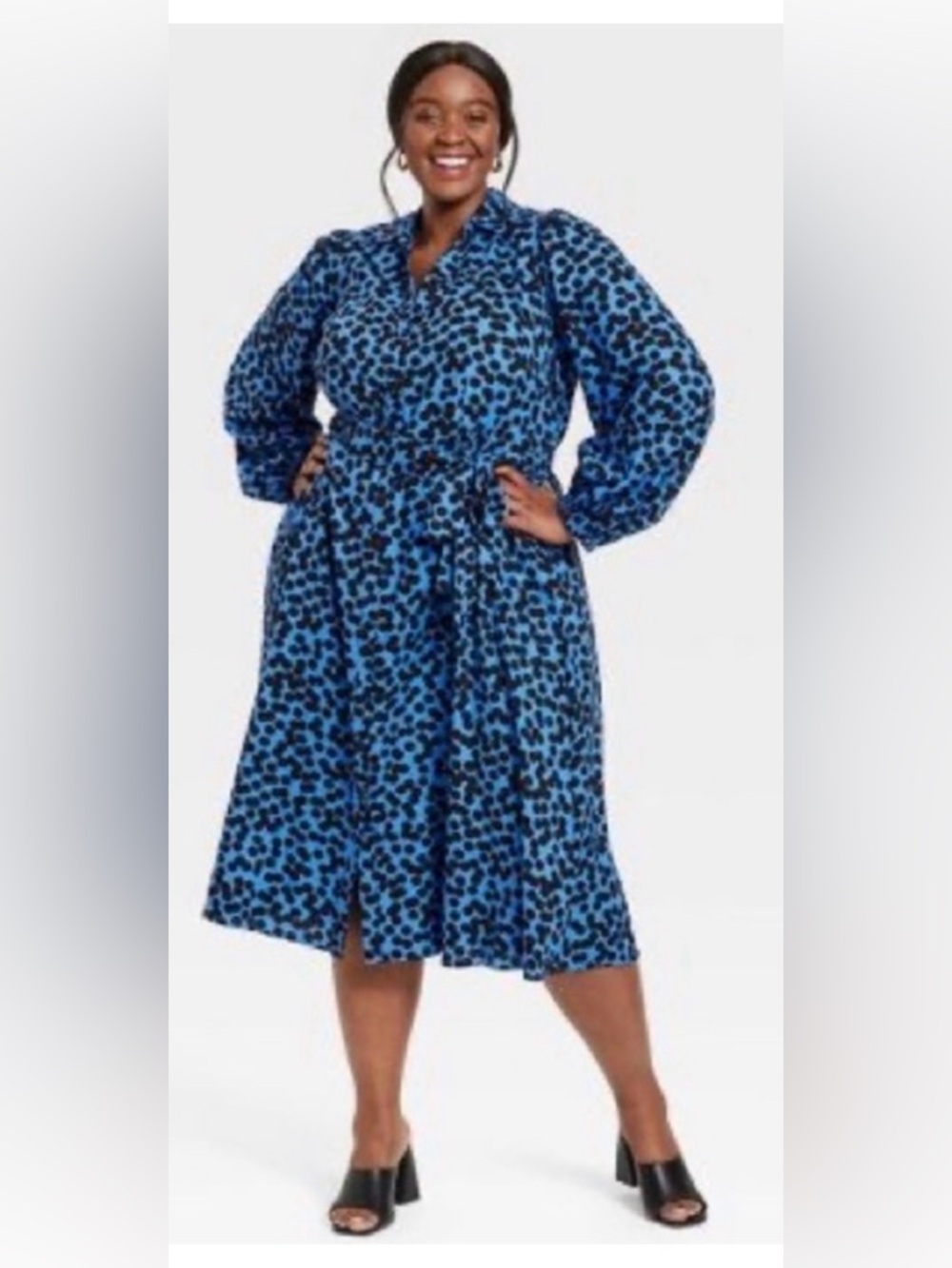 Ava & Viv Black Spot Print Blue Button-Front Dress